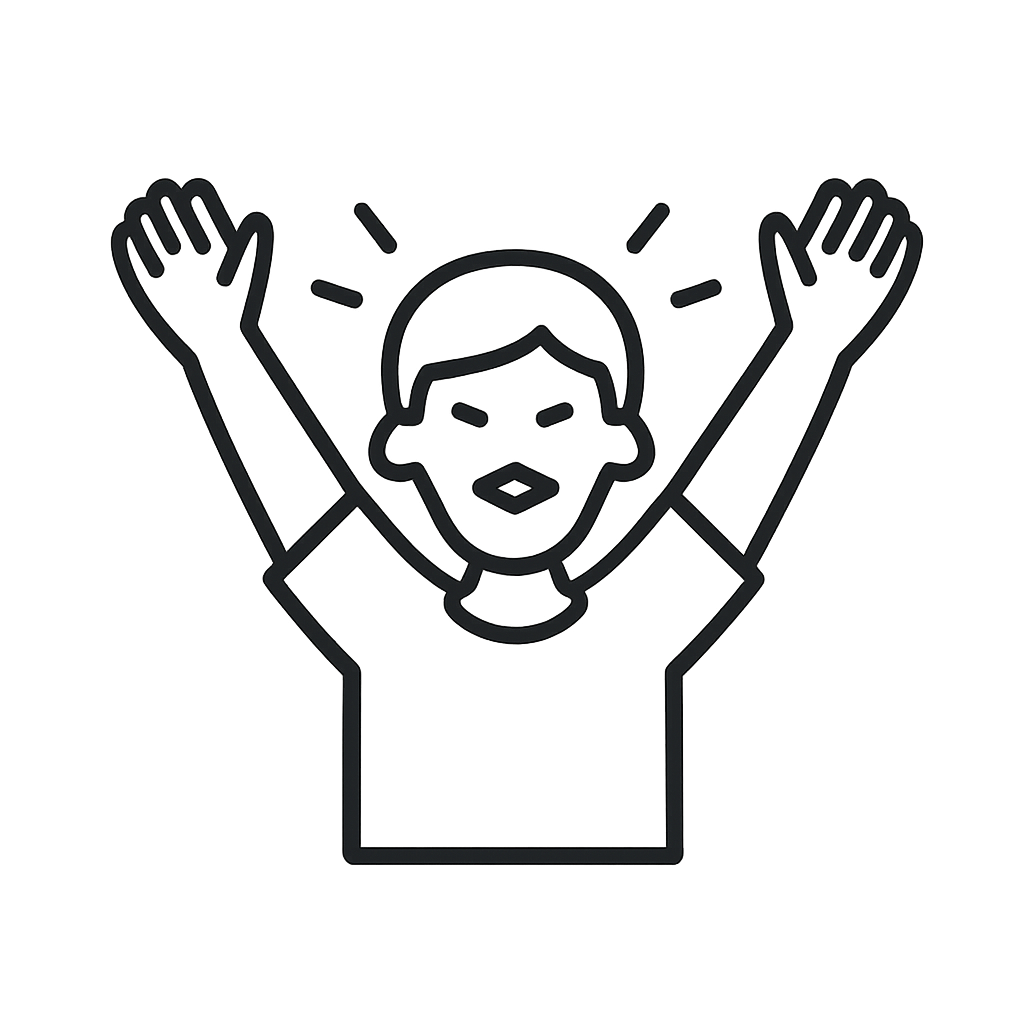A man raising his arms in celebration. Two pairs of gloved hands lifted upwards, with a dark, bold, minimalist outline.