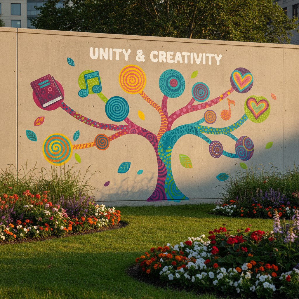 A colorful mural on a concrete wall, featuring a tree with various symbols and a slogan.