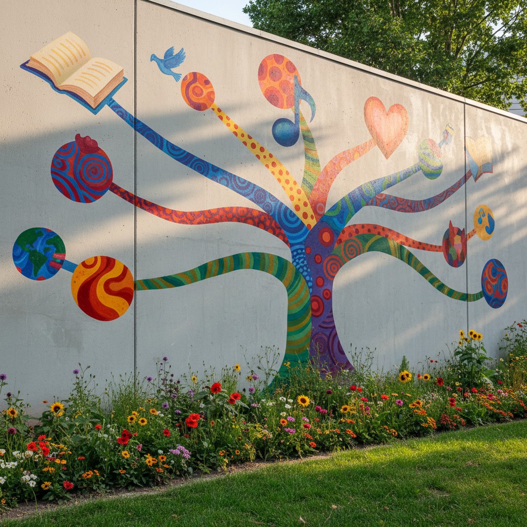 A painted mural of a tree on an exterior wall, outside during the day, with flowers in the foreground.