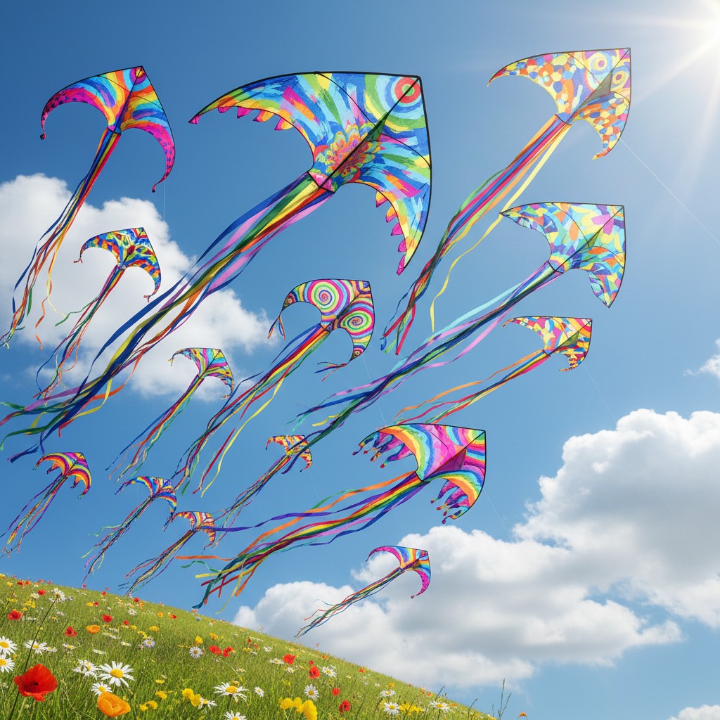 The sun shining from the top right corner, there is a vibrant field of wildflowers in the bottom left and a light blue sky...