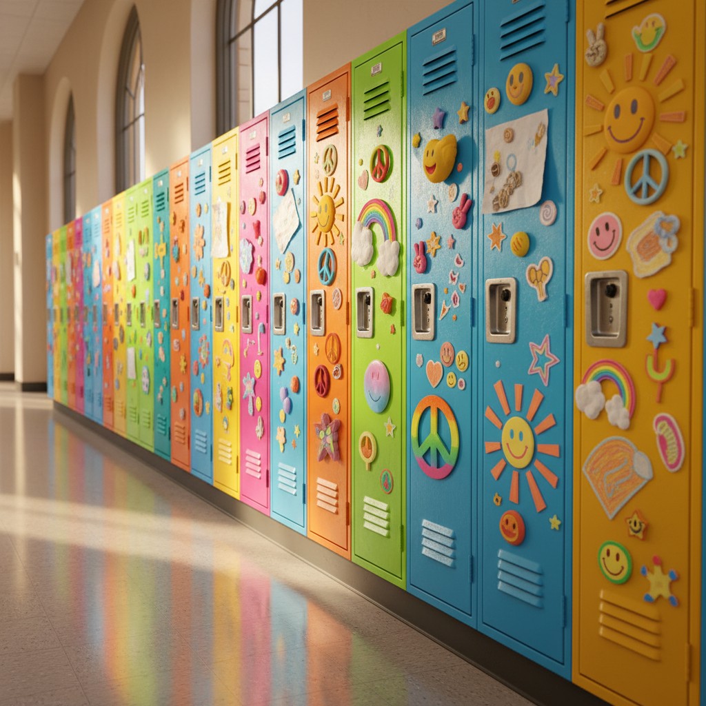 A hallway of colorful lockers with various stickers, such as peace signs, suns, and rainbows, and after-school activities ...