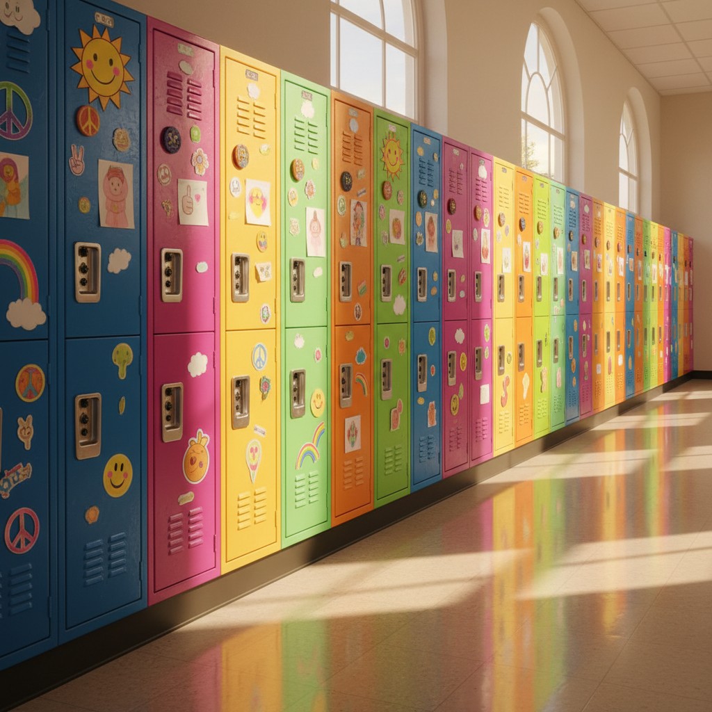 Stickers adorn brightly colored lockers in a school hallway with arched windows.