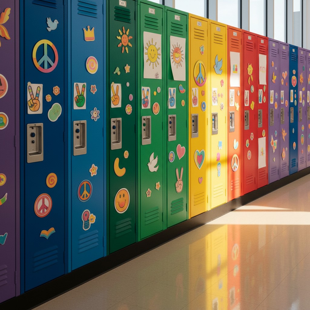 A row of middle school lockers with rainbow color-coded lockers featuring colorful stickers and peace signs.